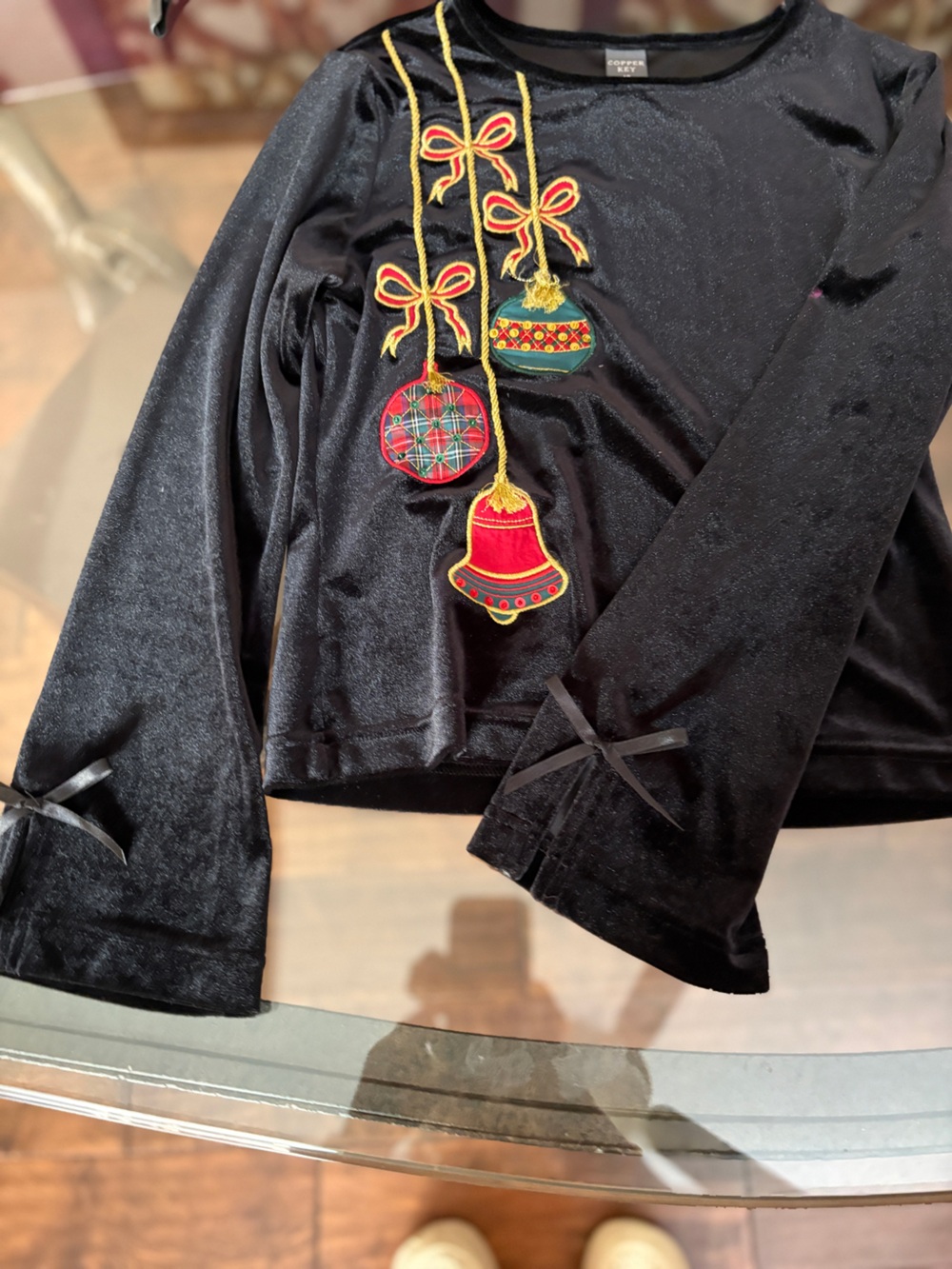 Black Velvet Holiday Ornament Long-Sleeve Top